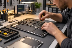 Technicien réparant un ordinateur portable sur un établi professionnel