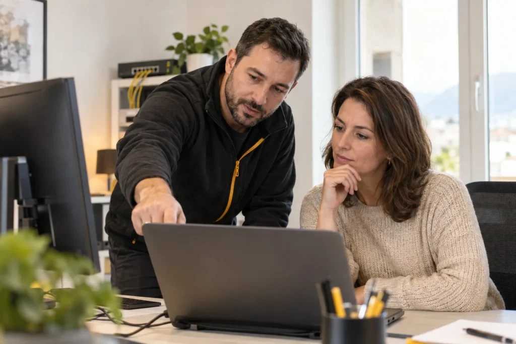 Technicien LikeServic accompagnant une cliente devant un ordinateur portable