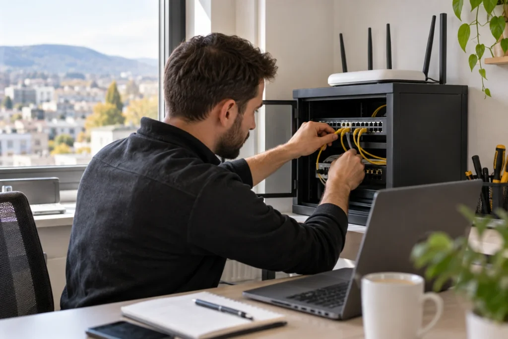 Technicien configurant un routeur et une installation réseau