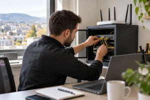 Technicien configurant un routeur et une installation réseau