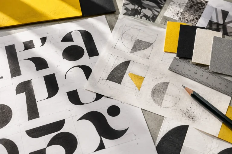 Études graphiques et palette de couleurs sur papier