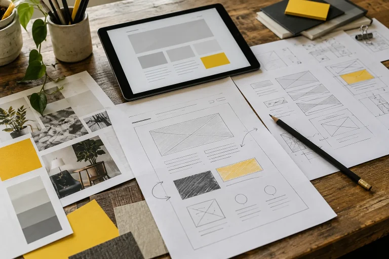 Croquis et maquettes illustrant la préparation d’un projet digital