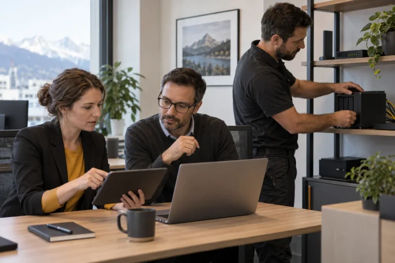 Équipe utilisant des outils collaboratifs pendant la configuration d’une sauvegarde