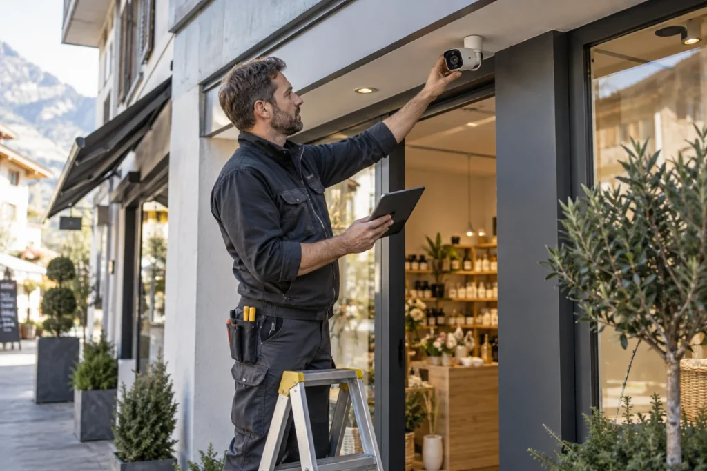 Installation professionnelle d’une caméra de sécurité pour un commerce